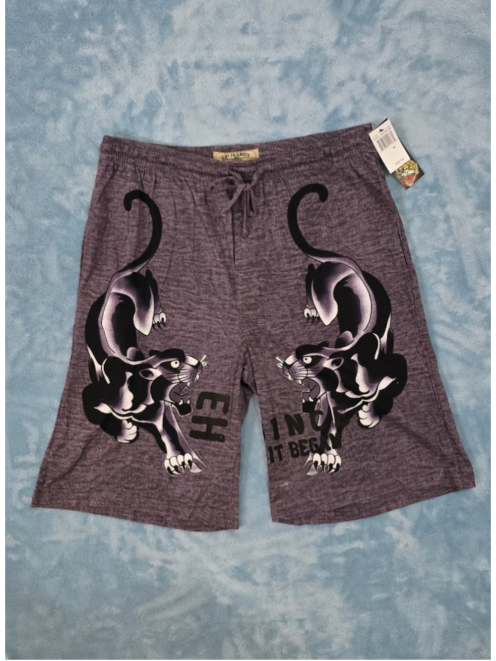 Men's Ed Hardy Panther Print Shorts, Size M, Grey and Black